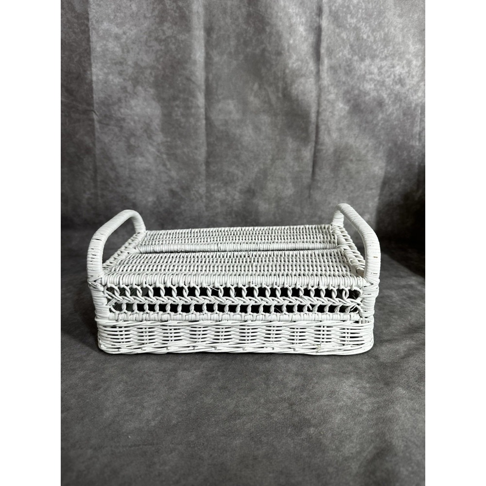 Vintage Cottagecore White Wicker Tissue Box Cover